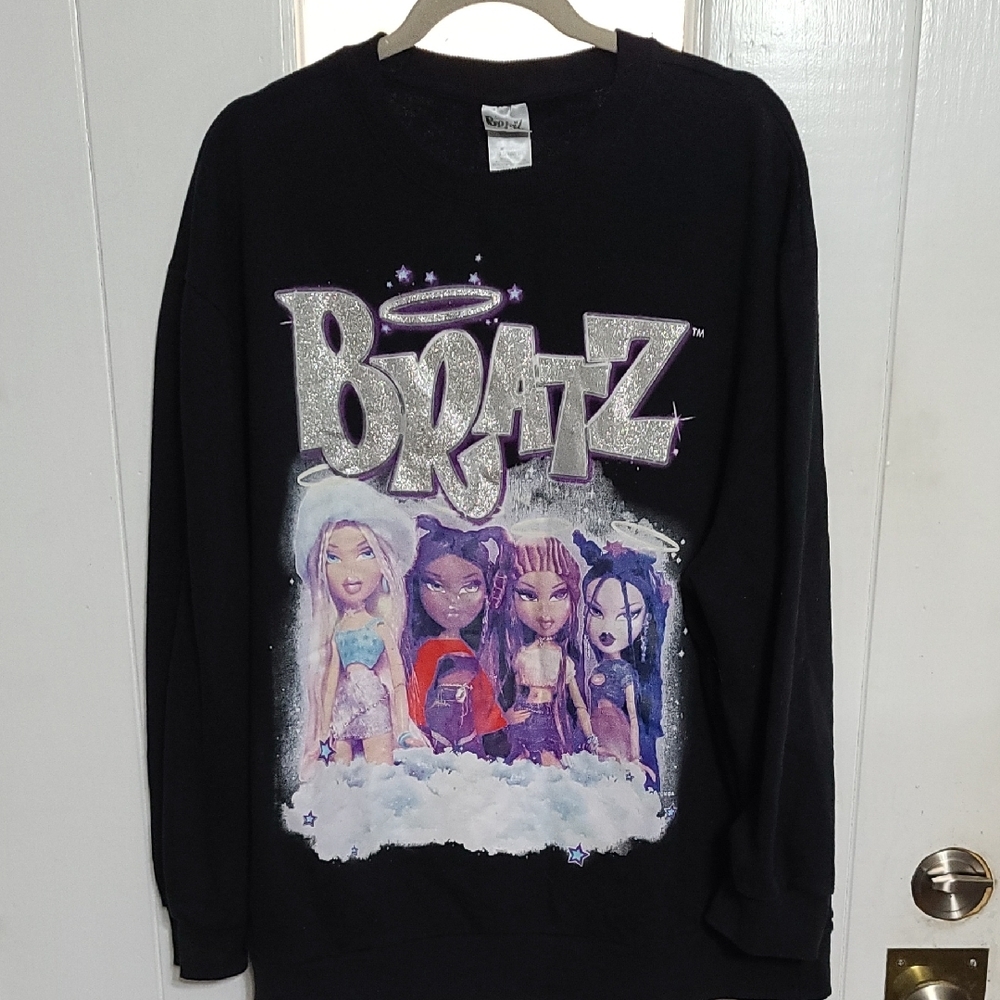 Bratz Womens Black Sweatshirt Graphic Print Glittery Release Dates Sz XL EUC